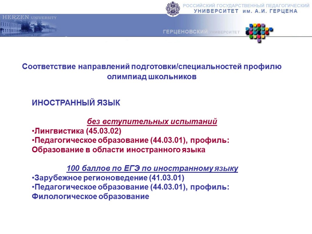 Соответствие направлений подготовки/специальностей профилю олимпиад школьников ИНОСТРАННЫЙ ЯЗЫК без вступительных испытаний Лингвистика (45.03.02) Педагогическое